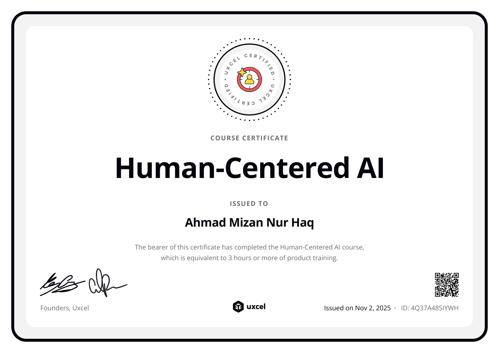 Ahmad Mizan Nur Haq's certificate